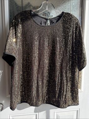 Women's Gold and Black Sequin Short Sleeve Top, size 2XL